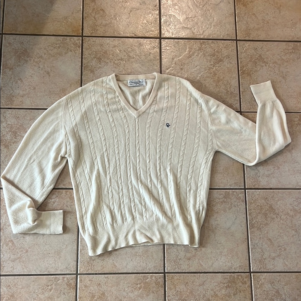 Vintage Christian Dior Monsieur Cream Vneck Sweater Cable Knit‎ Front, Large